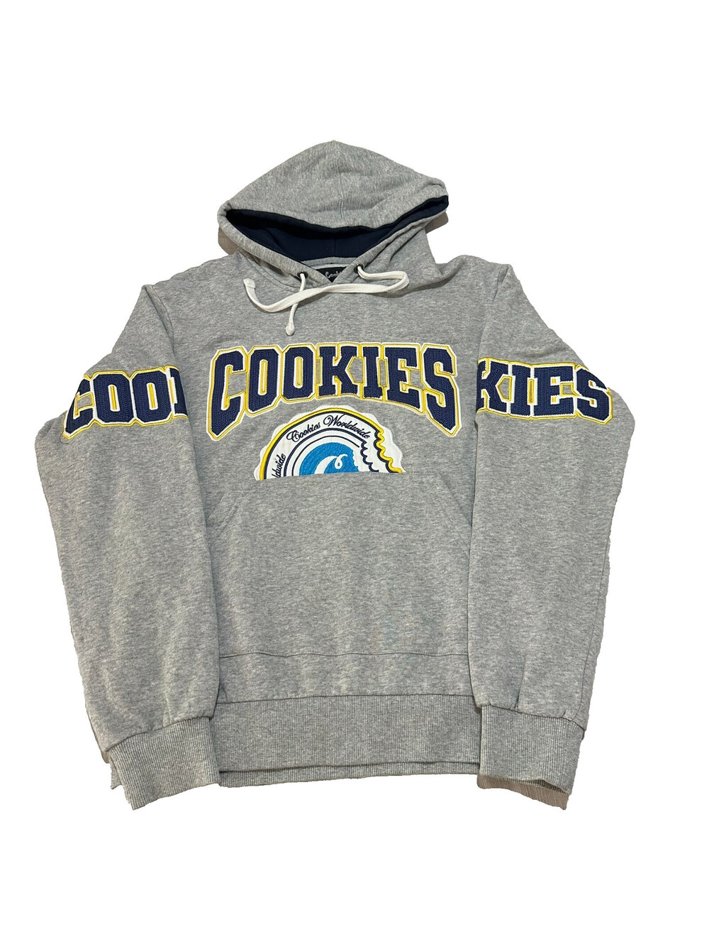 Cookies Hoodie Men Medium Gray Pullover Blue Logo Sweatshirt Streetwear Stitched
